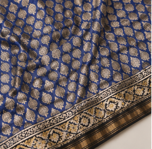 Royal Blue Maheswari Silk Saree with Traditional Block Prints view 3