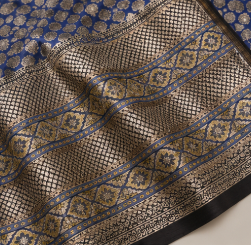 Royal Blue Maheswari Silk Saree with Traditional Block Prints view 4