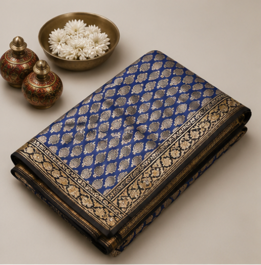 Royal Blue Maheswari Silk Saree with Traditional Block Prints view 7