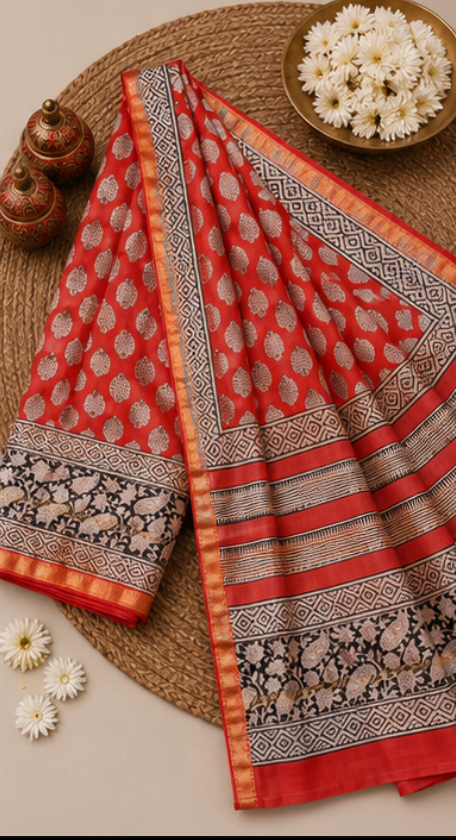 Elegant Maheswari Silk Saree in Red, Black & Cream view 2