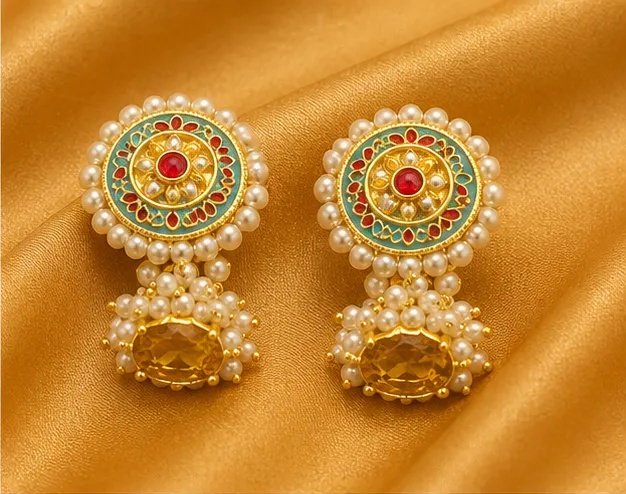 Traditional Meenakari Pearl Stud Jhumka Earrings