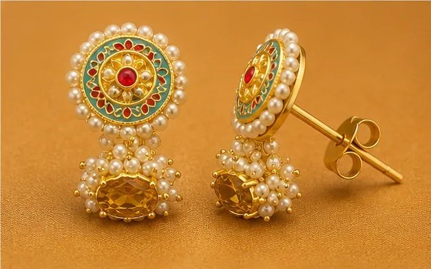 Traditional Meenakari Pearl Stud Jhumka Earrings view 5