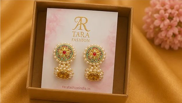 Traditional Meenakari Pearl Stud Jhumka Earrings view 7