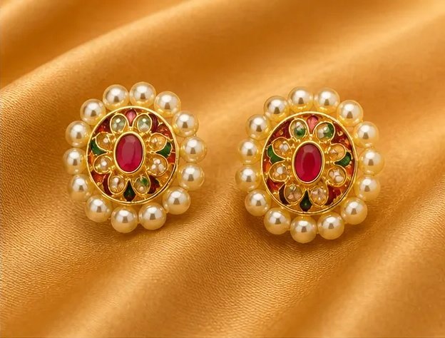 Oval Meenakari Floral Stud Earrings with Pearl Border