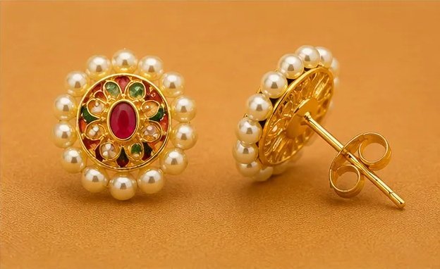 Oval Meenakari Floral Stud Earrings with Pearl Border view 5