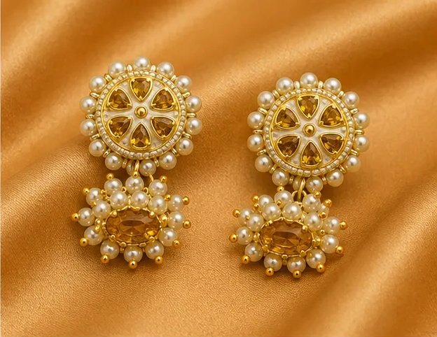 Floral Kundan Round Jhumka Earrings with Pearl Border