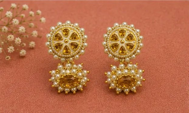 Floral Kundan Round Jhumka Earrings with Pearl Border view 6