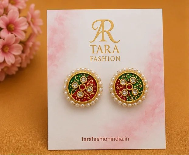 Traditional Round Meenakari Stud Earrings with Pearl Border view 2