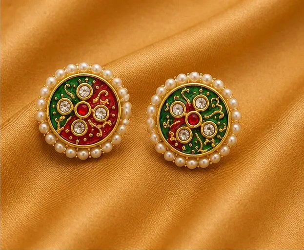 Traditional Round Meenakari Stud Earrings with Pearl Border