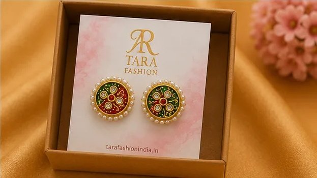 Traditional Round Meenakari Stud Earrings with Pearl Border view 7