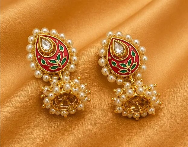 Traditional Meenakari Paisley Jhumka Earrings with Pearl Border