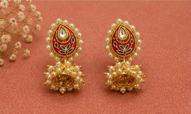 Traditional Meenakari Paisley Jhumka Earrings with Pearl Border view 6