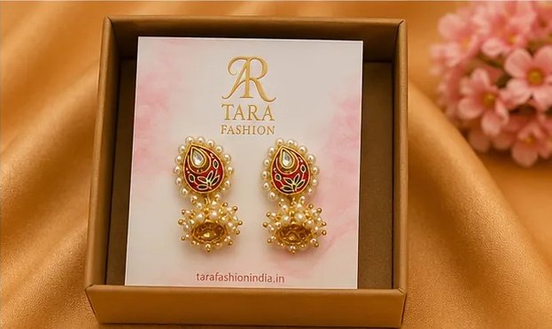 Traditional Meenakari Paisley Jhumka Earrings with Pearl Border view 7