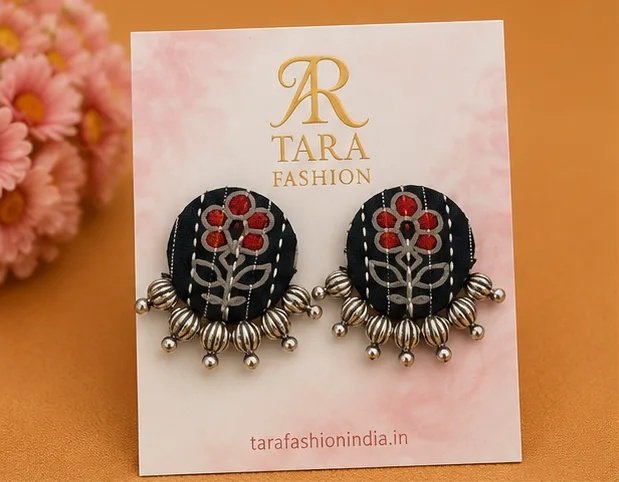 Floral Block-Print Round Fabric Earrings with Silver Bead Fringe view 2