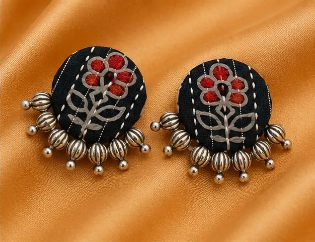 Floral Block-Print Round Fabric Earrings with Silver Bead Fringe