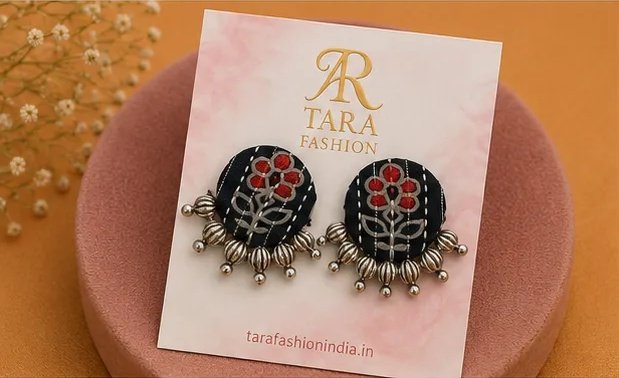 Floral Block-Print Round Fabric Earrings with Silver Bead Fringe view 4
