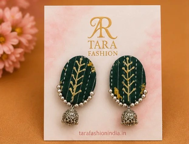 Ethnic Block-Print Oval Fabric Earrings with Mini Jhumka view 2