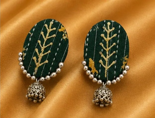 Ethnic Block-Print Oval Fabric Earrings with Mini Jhumka