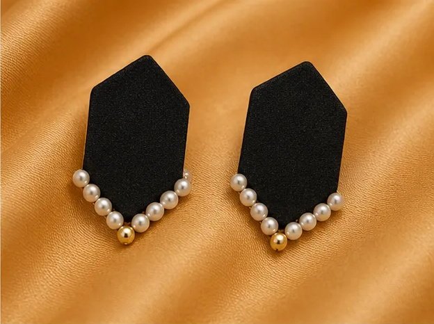 Jet Black Elongated Hexagon Fabric Stud Earrings with Pearl V-Trim