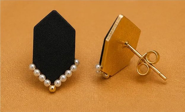 Jet Black Elongated Hexagon Fabric Stud Earrings with Pearl V-Trim view 5