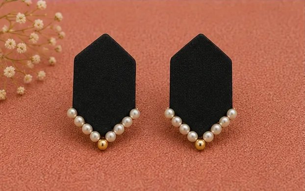 Jet Black Elongated Hexagon Fabric Stud Earrings with Pearl V-Trim view 6