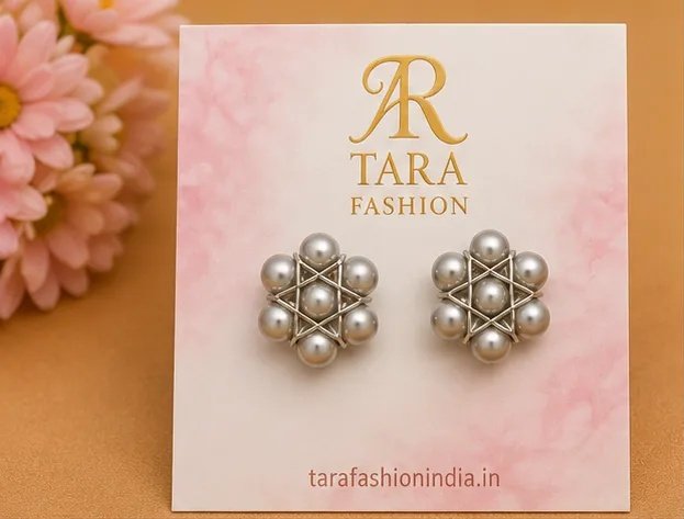 Metallic Grey Wire-Woven Star Pearl Stud Earrings view 2