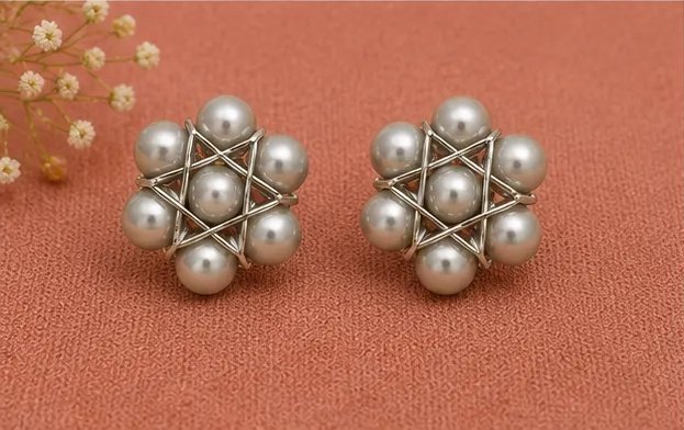 Metallic Grey Wire-Woven Star Pearl Stud Earrings view 6