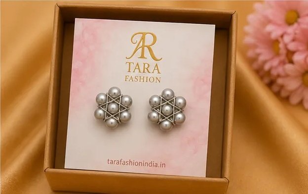 Metallic Grey Wire-Woven Star Pearl Stud Earrings view 7