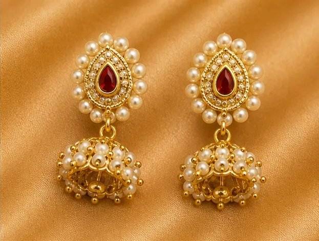 Ruby Red Teardrop Kundan Jhumki Earrings with Pearl Bunches