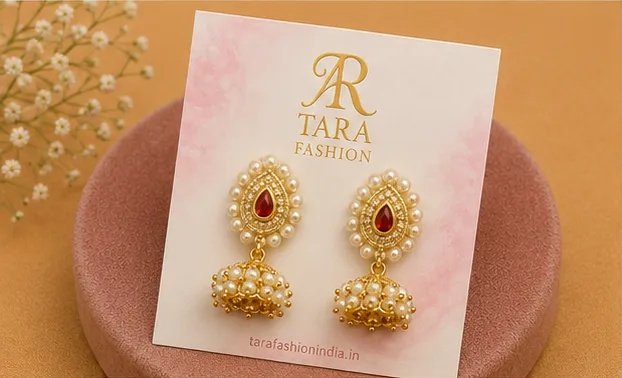 Ruby Red Teardrop Kundan Jhumki Earrings with Pearl Bunches view 4
