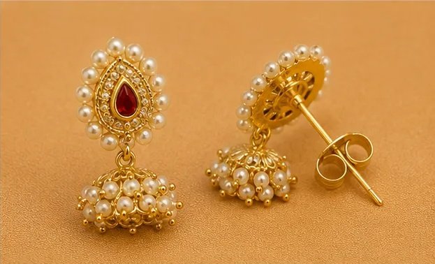 Ruby Red Teardrop Kundan Jhumki Earrings with Pearl Bunches view 5