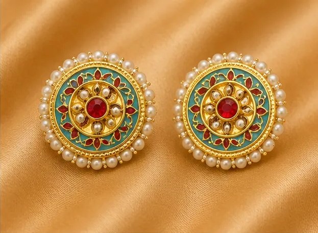 Festive Turquoise Meenakari Round Stud Earrings with Pearl Border