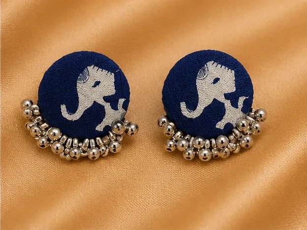 Indigo Block Print Elephant Fabric Studs with Oxidized Ghungroo