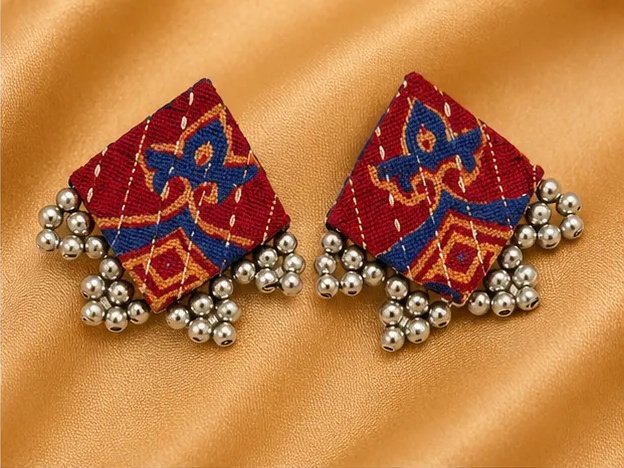 Quirky Ikkat Print Fabric Square Studs with Oxidized Ghungroo Borders