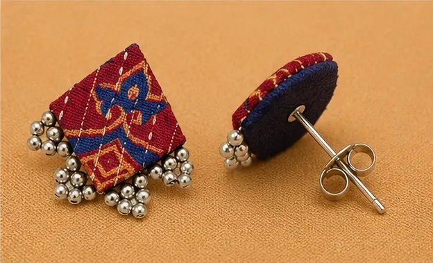 Quirky Ikkat Print Fabric Square Studs with Oxidized Ghungroo Borders view 5
