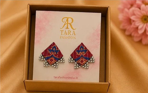 Quirky Ikkat Print Fabric Square Studs with Oxidized Ghungroo Borders view 7