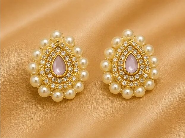 Lavender Teardrop Kundan Stud Earrings with Dual Pearl Border