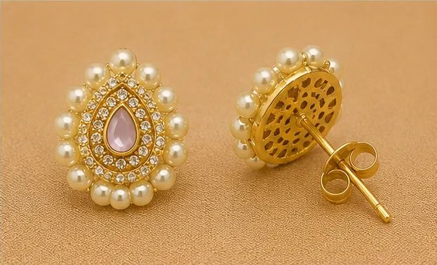 Lavender Teardrop Kundan Stud Earrings with Dual Pearl Border view 5