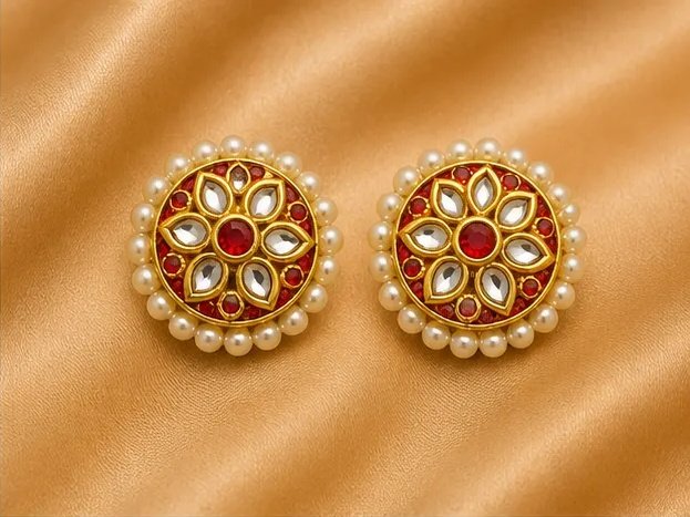 Royal Red Kundan Floral Round Stud Earrings with Pearl Border