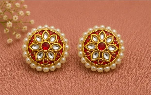 Royal Red Kundan Floral Round Stud Earrings with Pearl Border view 6