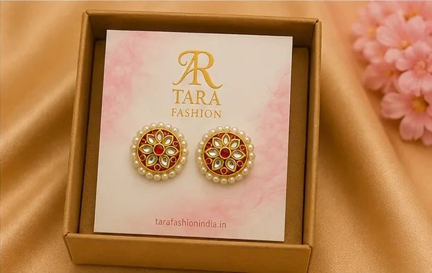 Royal Red Kundan Floral Round Stud Earrings with Pearl Border view 7