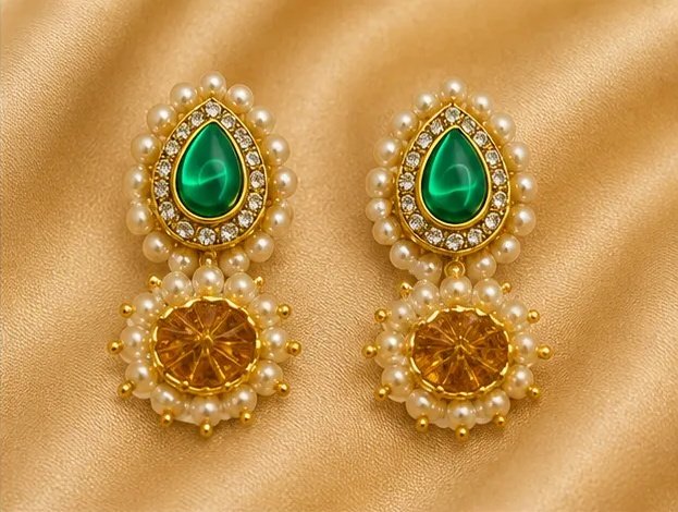 Royal Emerald Green Teardrop Jhumka Earrings with Pearl Borders