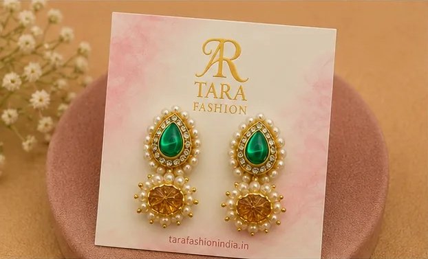 Royal Emerald Green Teardrop Jhumka Earrings with Pearl Borders view 4