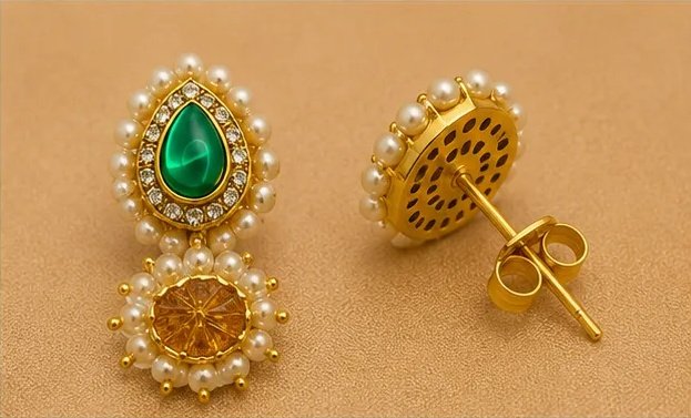 Royal Emerald Green Teardrop Jhumka Earrings with Pearl Borders view 5