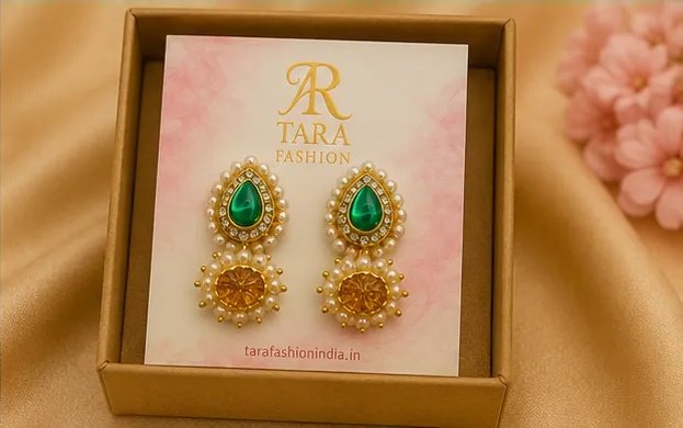 Royal Emerald Green Teardrop Jhumka Earrings with Pearl Borders view 7