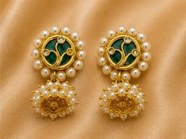 Heritage Green Meenakari Jhumka Earrings with Pearl Clusters