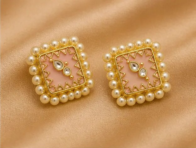 Elegant Pastel Pink Square Kundan Stud Earrings with Pearl Border