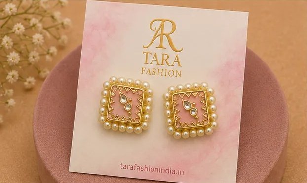 Elegant Pastel Pink Square Kundan Stud Earrings with Pearl Border view 4