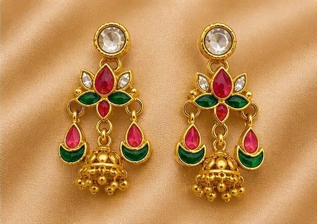 Tara Fashion Traditional Meenakari Lotus Jhumka Earrings