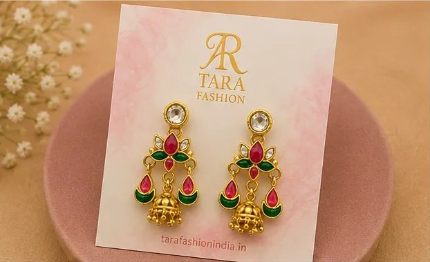 Tara Fashion Traditional Meenakari Lotus Jhumka Earrings view 4